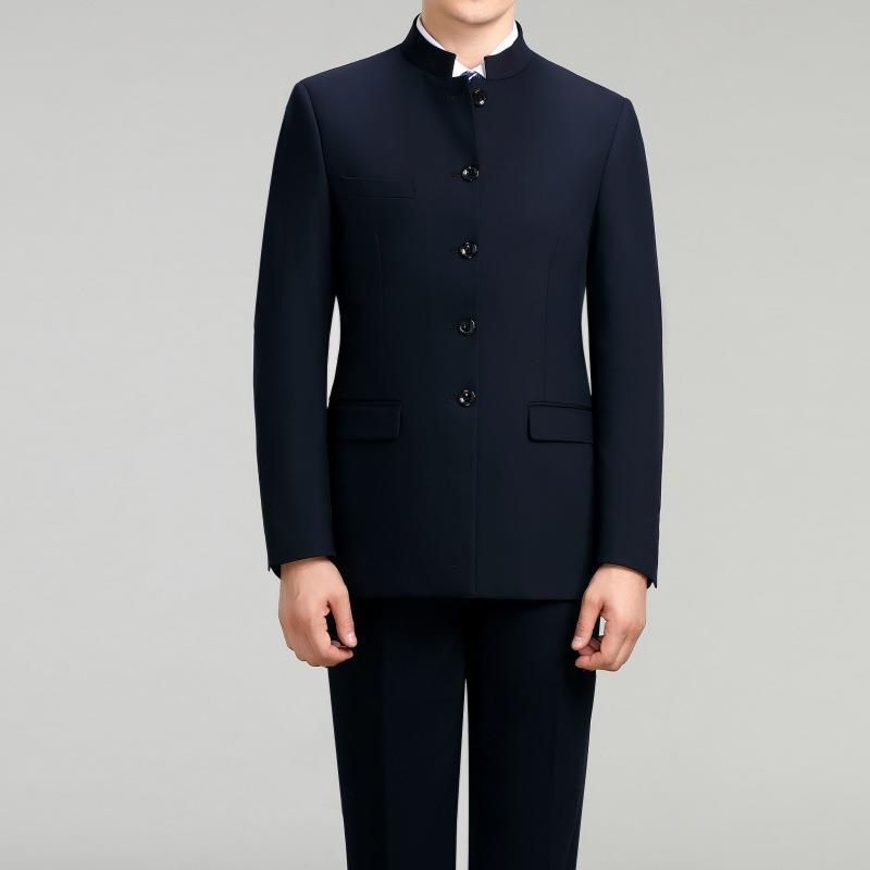 ジャケット メンズ 紳士用 40代 スタンドカラー 立襟 チャイナ風 ウール ウール混 高級感 ビジネス 結婚式 披露宴 春秋 スーツ フォーマル シングルボタン 無地 長袖 フィット ネイビー ブラック
