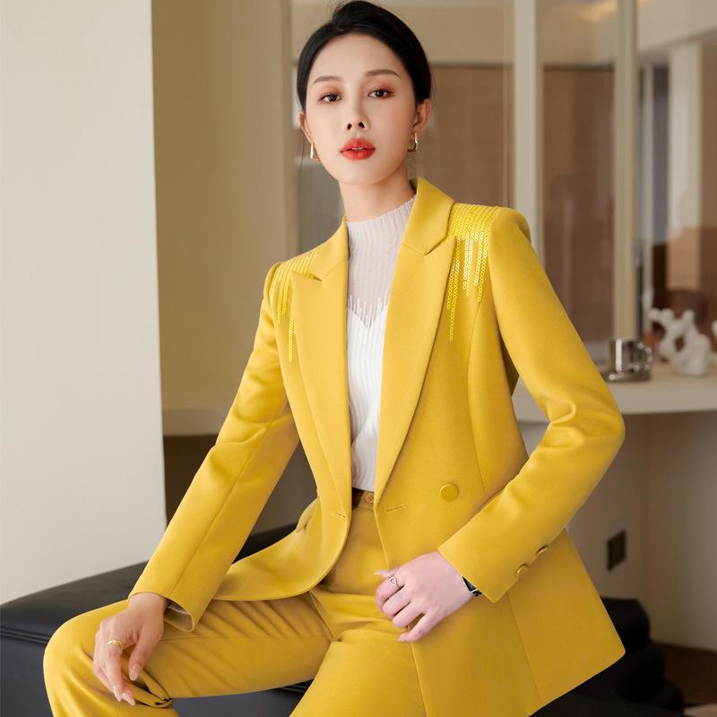Pants Suit - パンツスーツ レディース 秋冬 セットアップ 長袖 テーラードジャケット ロングパンツ 通勤 オフィス ビジネス フォーマル きれいめ 上品 高級感 エレガント 30代 イエロー ブラック ポリエステル 無地