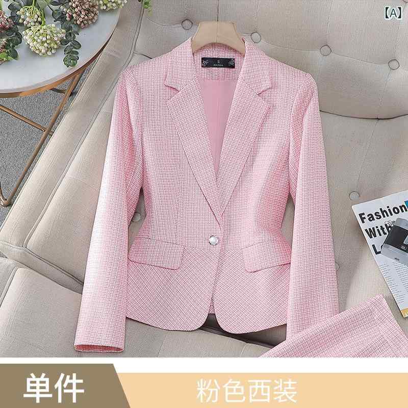 Pants Suit - スカートスーツ レディース セットアップ 長袖 テーラードジャケット 春秋冬 オフィス 通勤 面接 きれいめ 上品 エレガント 高級感 伸縮性 ストレッチ ポリエステル ブルー ピンク アプリコット 大きいサイズ 40代