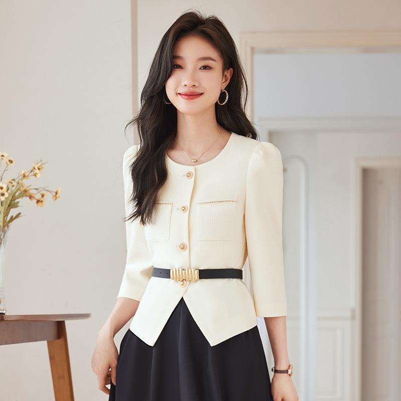 セットアップ レディース ジャケット スカート 春夏 七分袖 ツイード風 ノーカラー タイトスカート 膝丈 通勤 オフィス フォーマル きれいめ 上品 高級感 30代 ピンク ブルー アイボリー ポリエステル 低身長