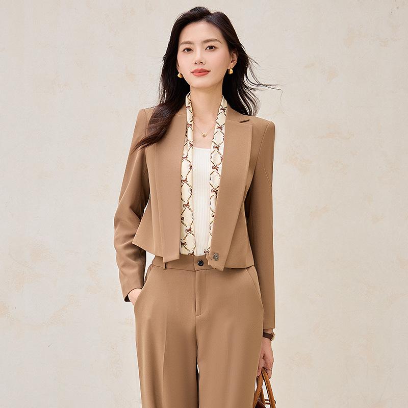 Pants Suit - セットアップ レディース 春秋 ショート丈 ジャケット 長袖 パンツ スラックス シンプル 無地 カジュアル 通勤 オフィス きれいめ 上品 高級感 痩せ見え 黒 カーキ ライトグリーン ポリエステル 大きいサイズ