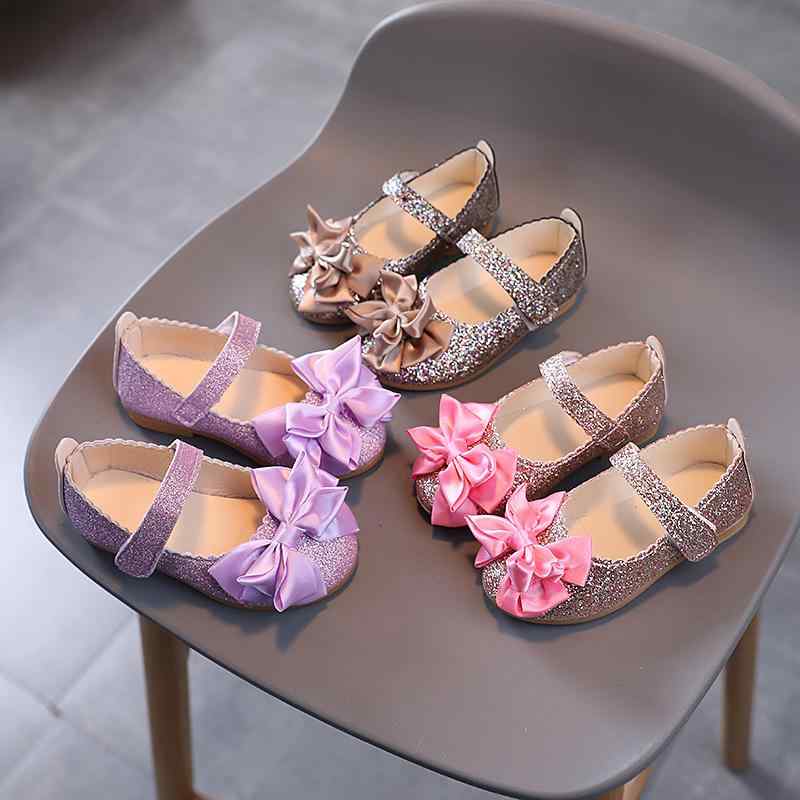 Formal Shoes - プリンセスシューズ 女の子 キッズ パンプス 子供靴 フラット スパンコール リボン 面ファスナー ベルクロ PUレザー キラキラ フォーマル 発表会 結婚式 パーティー ゴールド ピンク パープル 春秋 履きやすい かわいい