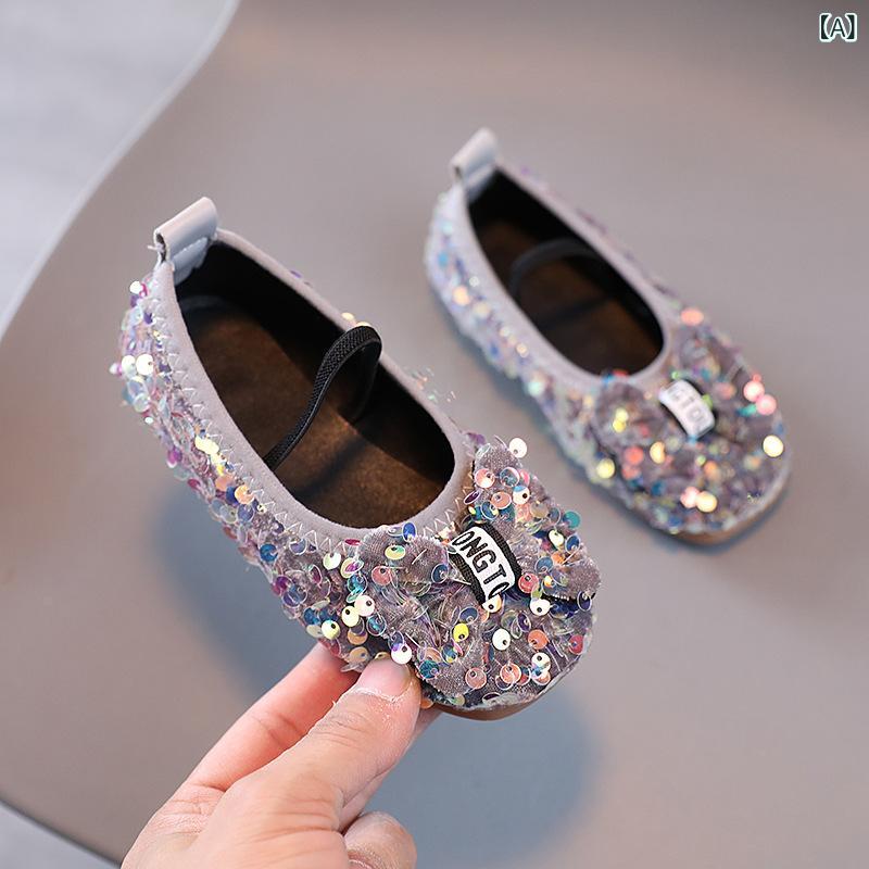 Formal Shoes - パンプス 女の子 キッズ フラットシューズ ローファー スパンコール キラキラ プリンセス かわいい 柔らかい 歩きやすい 履きやすい 合成革 フォーマル 結婚式 発表会 入学式 シルバーグレー ピンク ネイビー 春夏 秋冬