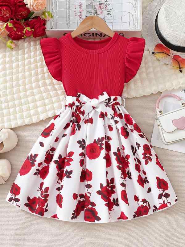 ワンピース 女の子 キッズ 子供服 春夏 レッド 赤 Aライン プリンセスドレス フリル袖 丸襟 切り替え バラ柄 花柄 ローズ かわいい スイート ポリエステル 柔らかい お出かけ 発表会 結婚式 ガーリー フレア