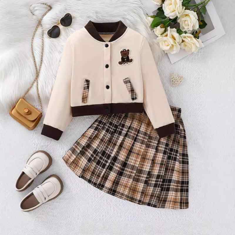 Dresses - セットアップ キッズ 女の子 秋冬 スタジャン ジャンパー ブルゾン アウター プリーツスカート ボトムス チェック柄 クマ 刺繍 かわいい おしゃれ 柔らかい ポリエステル 子供服 通学 お出かけ 普段着 ボタン