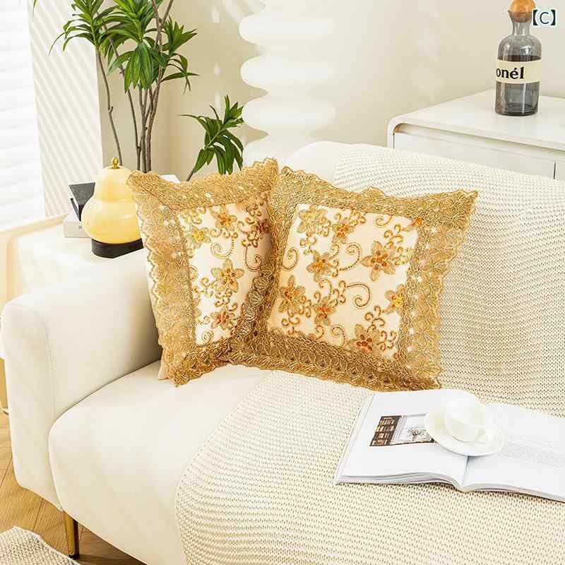 クッションカバー レディース 欧風 レース オーガンジー 刺繍 花柄 エレガント 高級感 おしゃれ インテリア 45cm 背当て 抱き枕 ポリエステル スクエア型 クラシック オールシーズン 模様替え 華やか ソファ 車 オフィス