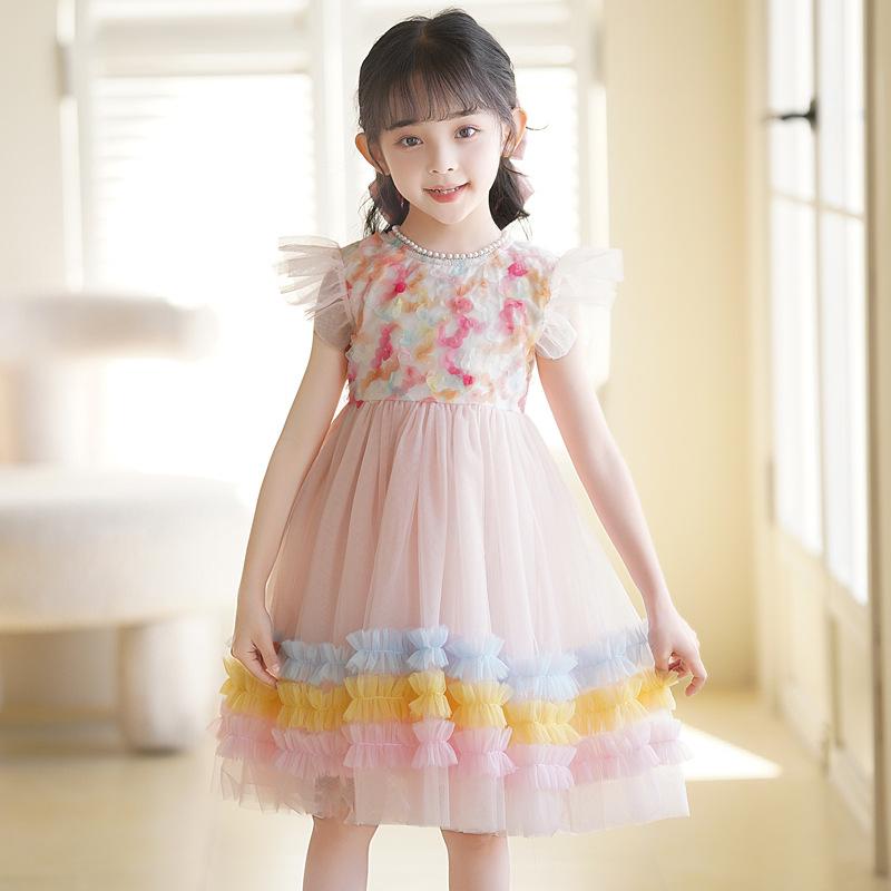 乐天商城 - ワンピース 女の子 ベビー キッズ 春夏 ピンク レインボー カラフル チュチュ パニエ フリル レース チュールスカート ノースリーブ プリンセス 膝丈 発表会 結婚式 パーティー 綿 コットン 裏地 高級感 子供服 かわいい 虹