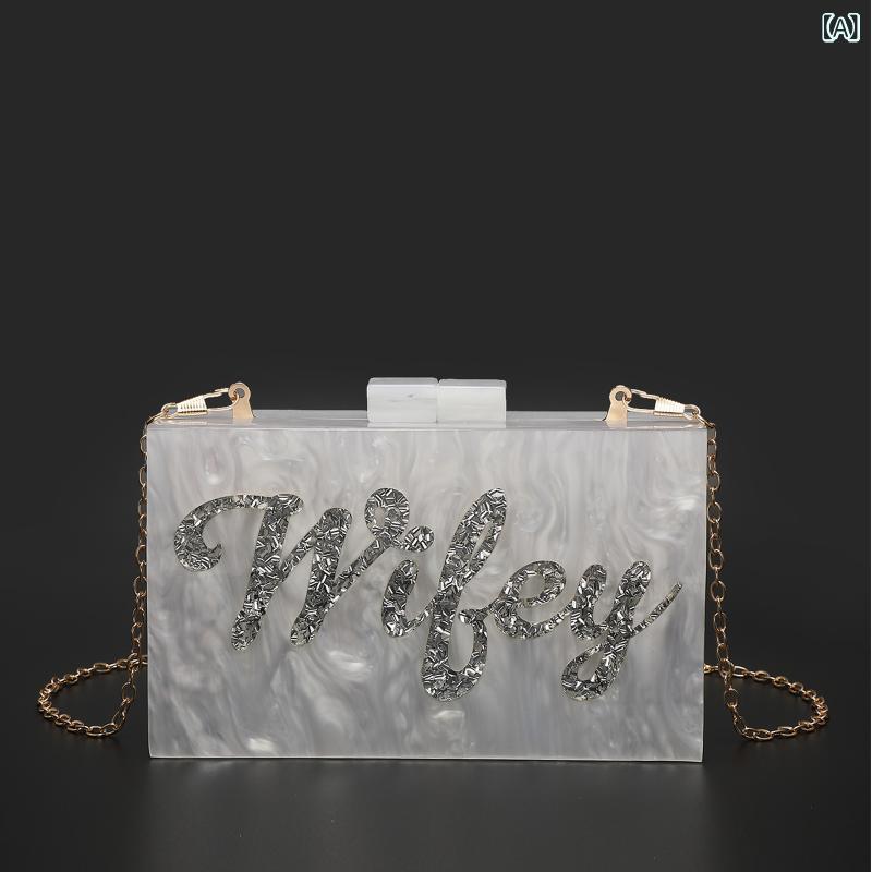 Party Bags - クラッチバッグ レディース フォーマル 鞄 ポシェット 手提げ 肩掛け アクリル製 英字ロゴ チェーン スクエア型 ハードケース 結婚式 二次会 披露宴 ホワイト ピンク ブラック 高級感 かわいい 華やか 小さめ エレガント