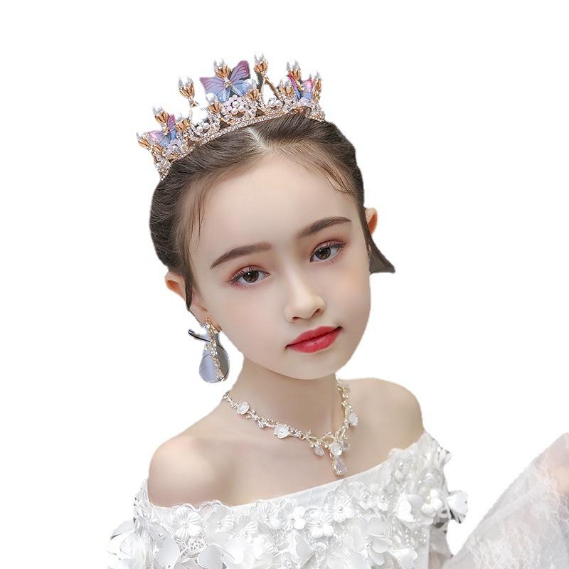 发夹, 梳子 - カチューシャ キッズ 女の子 子供 王冠 ティアラ 髪飾り 蝶 バタフライ 発表会 演奏会 誕生日 パール ラインストーン ビジュー 電気メッキ加工 韓国 かわいい 高級感 春夏 ゴールド ネックレス イヤリング
