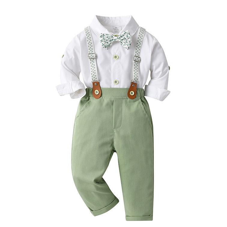 セットアップ 男の子 キッズ ベビー 子供服 春秋 フォーマル 紳士服 礼服 サロペット パンツ シャツ 長袖 綿 コットン 柔らかい 高級感 ボタン シンプル 無地 結婚式 発表会 お出かけ ブリティッシュスタイル 上下セット スーツ 幼児 80-13