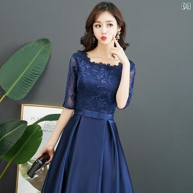 ・カテゴリ: ドレス・主な素材: シェニール、スパンデックス（30%以下）・シルエット: Aライン・ネックライン: オフショルダー・袖丈: 五分袖・袖の形状: パフスリーブ・着丈: ミディ丈・ウエスト: ミドルウエスト・仕様: ファスナー・カラー展開: ネイビー、ブラック・サイズ展開: S、M、L、XL、XXL、XXXL、XXXXL・性別: レディース・対象: 大人