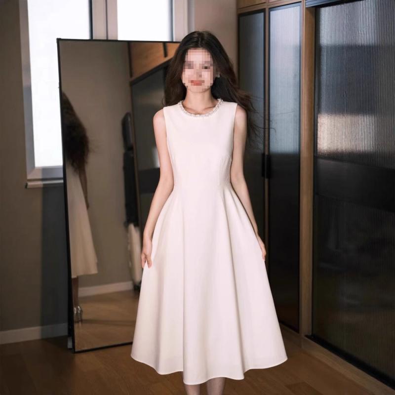 ワンピース レディース ドレス ロング丈 結婚式 披露宴 二次会 フォーマル 春夏 ノースリーブ Uネック ハイウエスト Aライン ギャザー 高級感 エレガント 上品 清楚 ポリエステル 白 黒 礼服 シンプル 無地