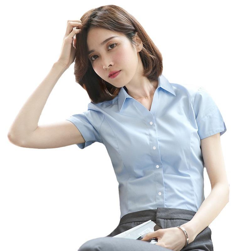 乐天商城 - シャツ レディース 半袖 ブラウス Vネック 竹繊維 事務服 面接 通勤 フォーマル タイト 春夏 白 黒 グレー スーツ インナー シンプル 無地 形態安定 ストレッチ 消臭 速乾 清潔感