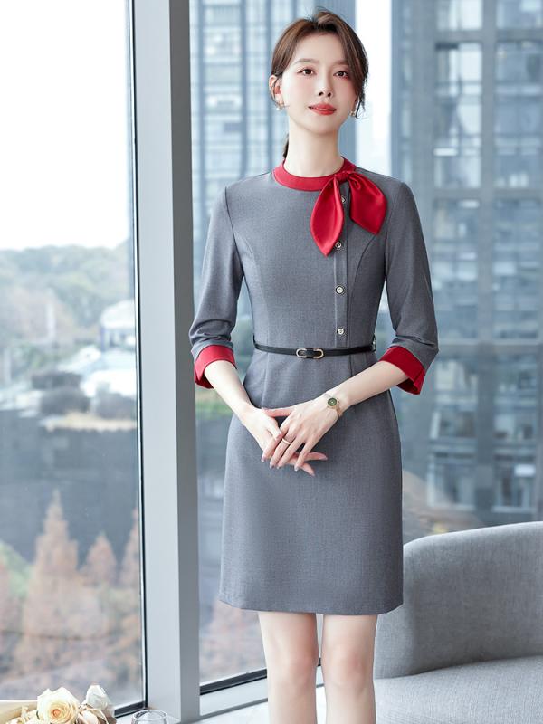 樂天商城 - ワンピース レディース ドレス 春夏 通勤 接客 制服 Aライン 半袖 丸襟 膝丈 ミディアム丈 高級感 形態安定 シワになりにくい ユニフォーム ポリエステル 伸縮性 通気性 無地 シンプル ブルー グレー