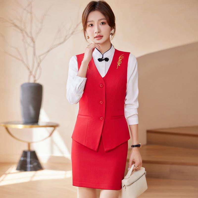 セットアップ レディース 事務服 制服 ホテル 飲食店 サービス ユニフォーム オフィス ビジネス ベスト スカート パンツ シャツ Vネック 秋冬 ブラック ネイビー レッド ポリエステル ストレッチ 高級感 通勤 清潔感 ウォッシャブル