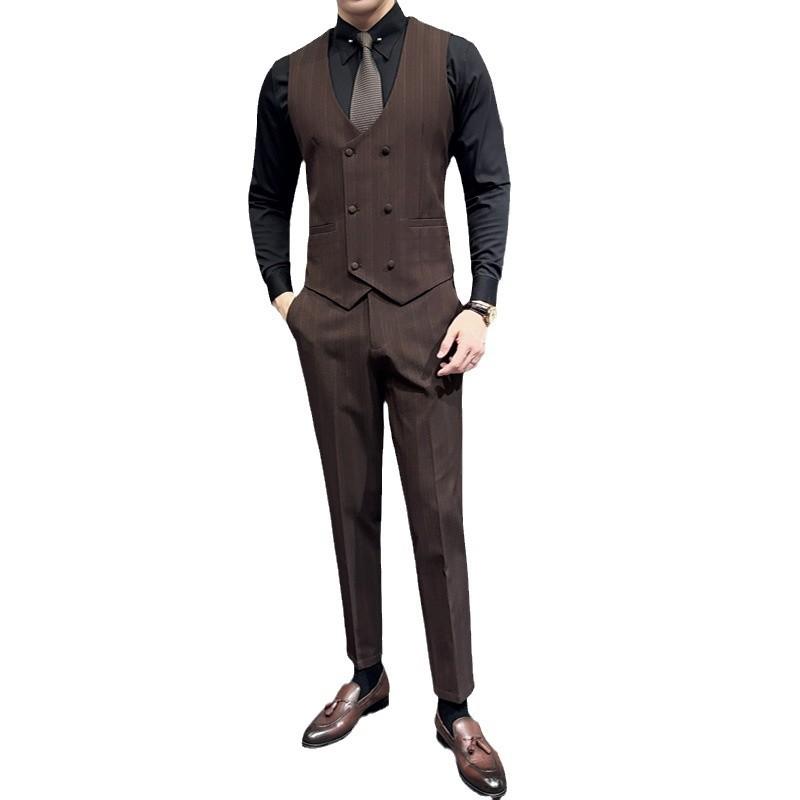 Other - セットアップ メンズ ベスト ジレ スラックス パンツ ストライプ ダブル ボタン Vネック スリム 細身 形態安定 高級感 紳士服 ビジネス 通勤 結婚式 秋冬 ブラック ダークブラウン ネイビー
