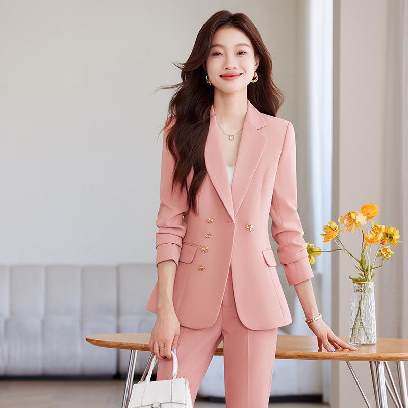 Pants Suit - セットアップ レディース 秋冬 ブラック ベージュ ピンク 通勤 フォーマル 冠婚葬祭 長袖 ジャケット ロングパンツ スリム タイト 上品 エレガント 事務服 40代 シェニール ストレッチ 高級感 ママスーツ