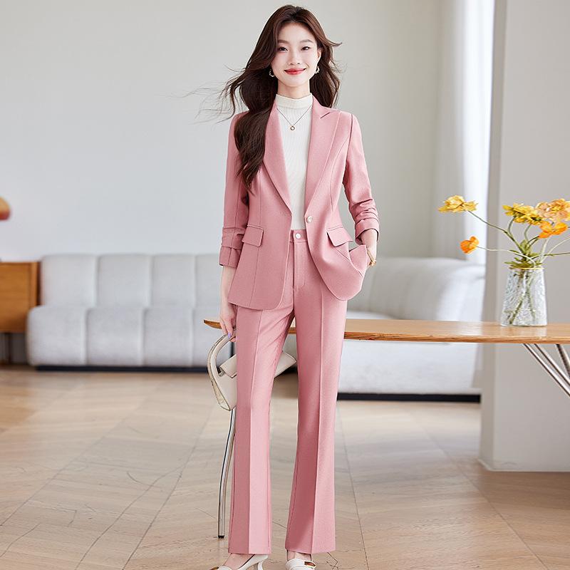 Pants Suit - セットアップ レディース パンツスーツ 事務服 ビジネス 通勤 オフィス 冠婚葬祭 秋冬 襟 長袖 ロング丈 エレガント きれいめ 上品 高級感 ポリエステル レーヨン 黒 ピンク アプリコット 40代 シンプル 無地 体型カバー