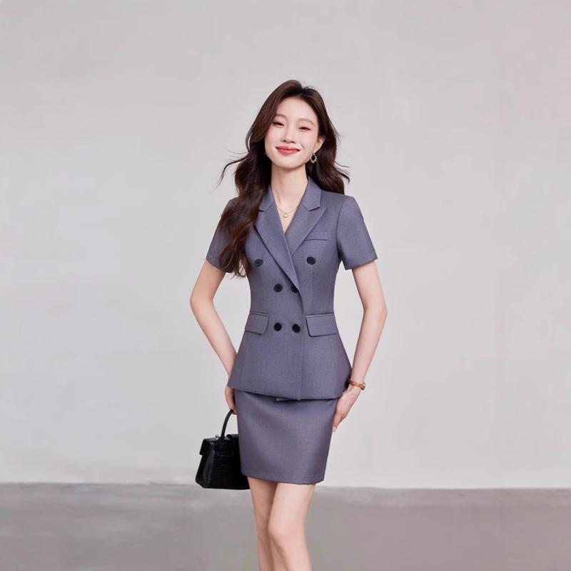 乐天商城 - セットアップ レディース グレー ネイビー ブラック オフィス 通勤 事務服 春夏 半袖 テーラードジャケット スーツ パンツ スカート ビジネス フォーマル 高級感 ポリエステル 伸縮性 きれいめ エレガント 無地