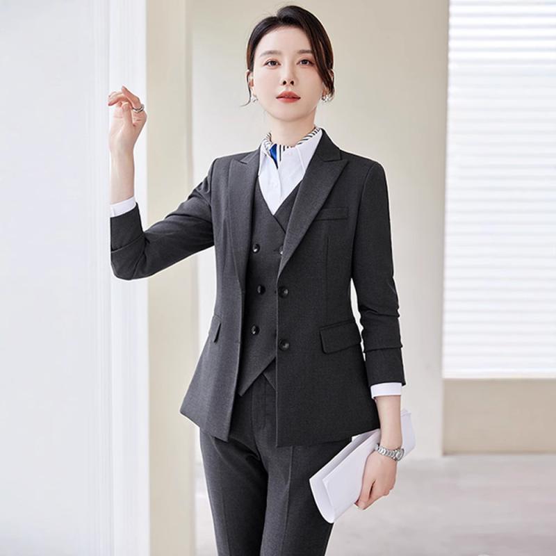 セットアップ レディース ジャケット 長袖 ブラウス ベスト ジレ パンツ テーラードカラー 襟 秋冬 事務服 通勤 オフィス フォーマル 高級感 伸縮性 無地 ストレッチ 40代 ブラック ブルー ダークグレー