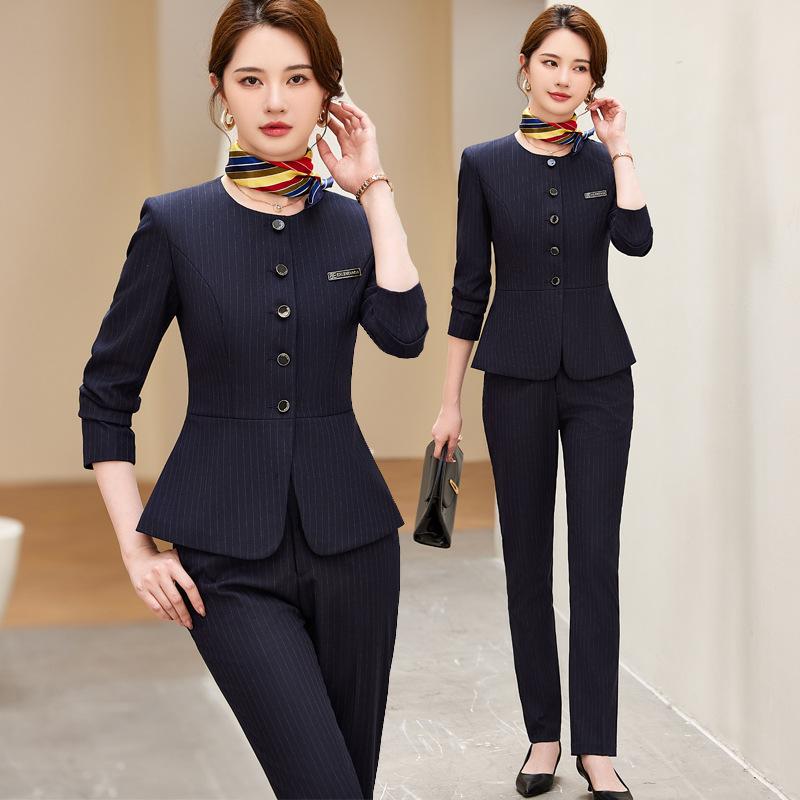 スーツ レディース セットアップ 秋冬 高級感 ストライプ 事務服 ユニフォーム ホテル 受付 接客 長袖 ジャケット パンツ スカート フォーマル ビジネス 通勤 きれいめ 上品 伸縮性 ポリエステル ブラック グレー ブルー 30代(4.0)
