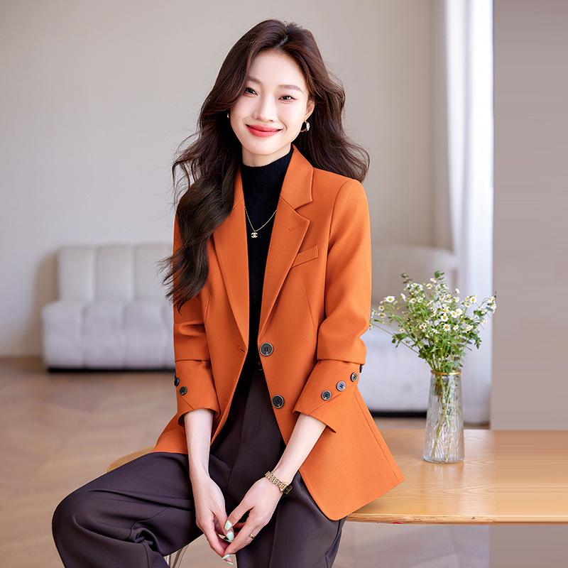 Suits For Job Interviews - テーラードジャケット レディース 秋冬 長袖 きれいめ カジュアル 着痩せ 細見え スリム 通勤 オフィス ビジネス 上品 切り替え ボタン 立体 高級感 ポリエステル 低身長 アウター オレンジ ブラック ホワイト