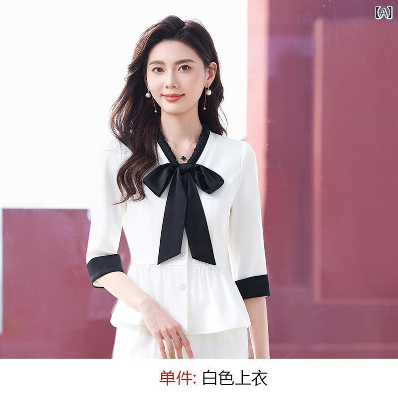 セットアップ レディース パンツスーツ ビジネス 通勤 フォーマル 高級感 七分袖 テーラードジャケット スラックス 春夏 上品 低身長 小柄 美脚 着痩せ 体型カバー ポリエステル ホワイト ネイビー きれいめ