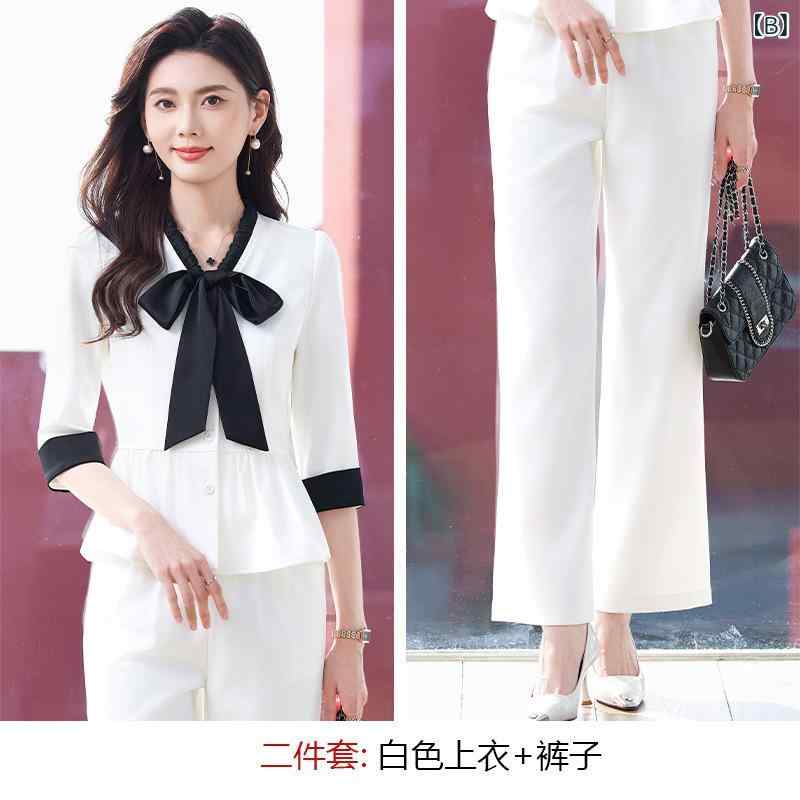 セットアップ レディース パンツスーツ ビジネス 通勤 フォーマル 高級感 七分袖 テーラードジャケット スラックス 春夏 上品 低身長 小柄 美脚 着痩せ 体型カバー ポリエステル ホワイト ネイビー きれいめ