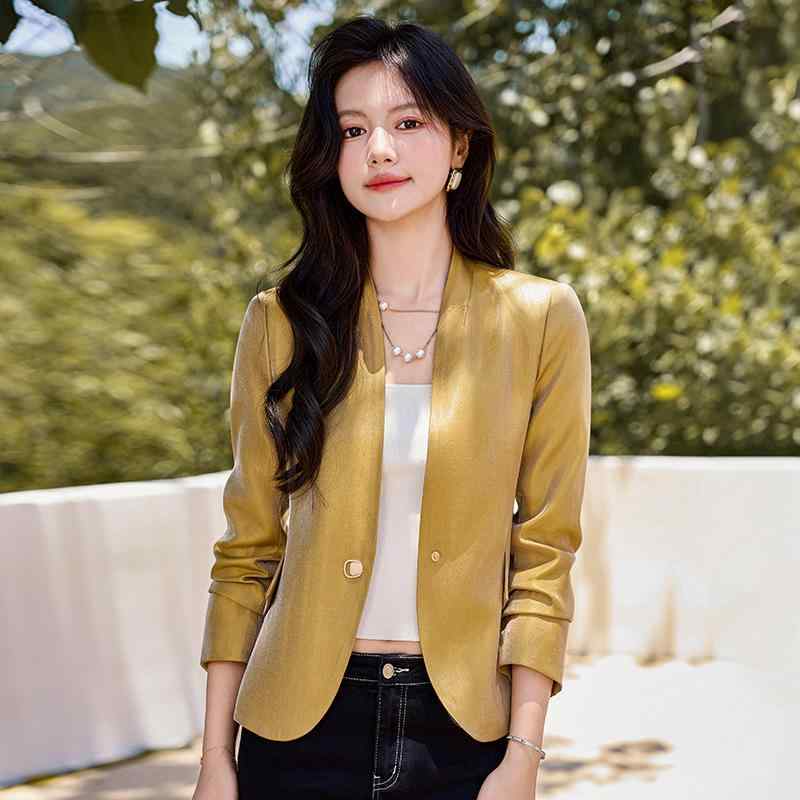 ジャケット レディース ノーカラー アウター 上着 Vネック ゴールド ピンク 秋冬 高級感 通勤 事務服 オフィス カジュアル ゆるシルエット 長袖 ポリエステル ポケット ボタン 切り替え きれいめ 上品 40代 おしゃれ