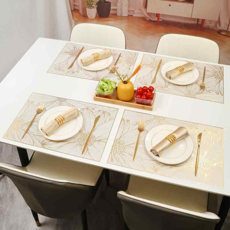 ランチョンマット 蓮の花 ロータス PVC 防水 防汚 耐熱 水洗い 撥水 高級感 ゴールド シルバー 円形 長方形 モダン 北欧風 おしゃれ 食卓 ホテル レストラン 汚れにくい 華やか インテリア 敷物 プレイスマット