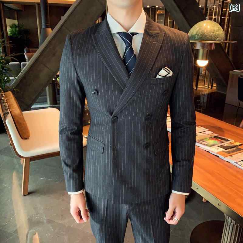 スーツ メンズ セットアップ ビジネス カジュアル フォーマル ストライプ スリム ダブル ボタン 結婚式 披露宴 通勤 紳士服 40代 オールシーズン 綿混 センターベント ノッチドラペル 高級感 ブラック グレー ネイビー