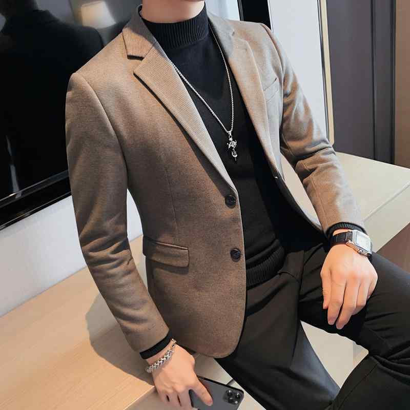 テーラードジャケット メンズ アウター スーツ ビジネス カジュアル 普段使い 秋冬 スリム 細身 無地 厚手 高級感 ウール調 メルトン コットン混 ポリエステル ブラック グレー ブラウン ボタン ブレザー 防寒
