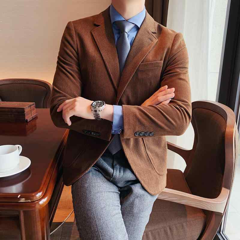 テーラードジャケット メンズ 春秋 コーデュロイ ブレザー スリム カジュアル ビジネス 通勤 英国風 無地 長袖 形態安定 耐久性 綿混 3..