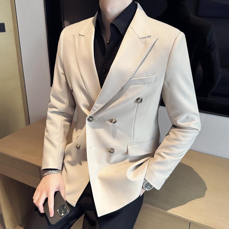 テーラードジャケット メンズ 春夏 ダブルブレスト 英国風 紳士服 スリム ビジネス カジュアル オフィス 形態安定 ノンアイロン 高級感 ピークドラペル ボタン 綿混 ポリエステル 無地 ホワイト ブラック ネイビー