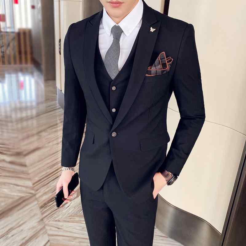 スーツ メンズ セットアップ 紳士服 男性用 上下セット スリム テーラードジャケット スラックス パンツ ベスト ビジネス 結婚式 冠婚葬祭 春夏 ブラック ダークグレー ボタン 再生繊維 高級感 韓国 シャドウストライプ