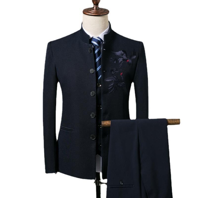 メンズ セットアップ スーツ 立ち襟 マオカラー 中山服 チャイナ風 刺繍 ジャケット パンツ スラックス 上下セット 春秋 アセテート 綿混 カジュアル ビジネス 通勤 高級感 ボタン ブラック グレー ネイビー