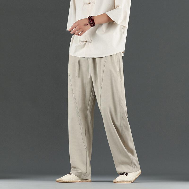 カジュアルパンツ メンズ リネン 麻 テンセル ボトムス チャイナ風 ストレート ロング丈 春夏 無地 薄手 ドレープ 落ち感 ゆったり 涼しい 通気性 ウエストゴム 紐 ホワイト ブラック アプリコット 普段使い リラックス 部屋着 ズボン