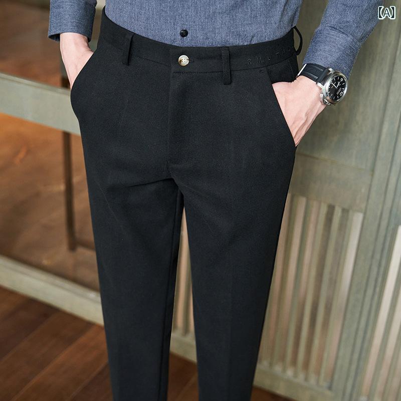 カジュアルパンツ メンズ 男性用 ズボン ボトムス ロングパンツ スラックス 秋冬 厚手 暖か 裏起毛 ストレッチ 伸縮性 スリム テーパード ビジネス 通勤 仕事 無地 シンプル コットン混 ブラック グレー カーキ