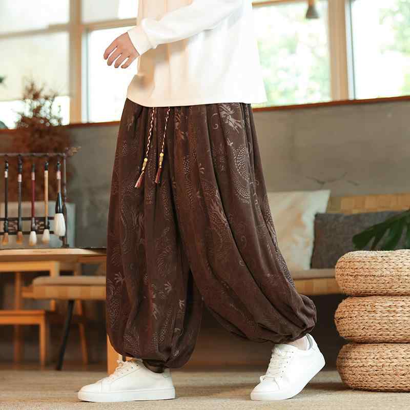 パンツ メンズ 秋冬 コーデュロイ ズボン ボトムス チャイナ風 龍 ドラゴン ジャガード 暖かい 保温 裾リブ テーパード ジョガー ワイド ゆったり 大きいサイズ ブラック ブラウン 30代 カジュアル おしゃれ