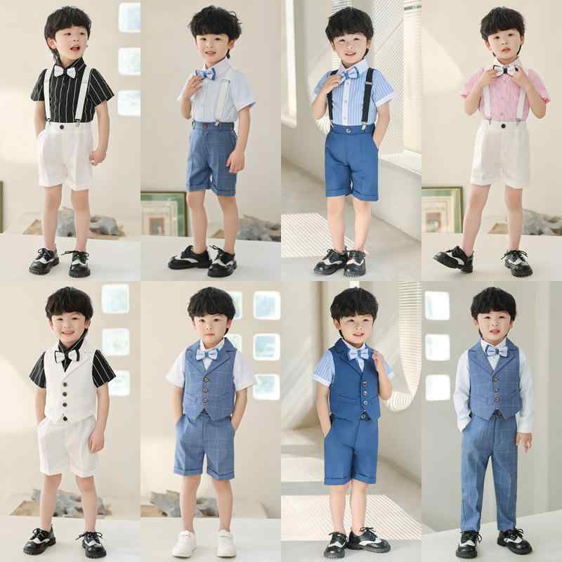 Top & Bottom Sets - スーツ 男の子 キッズ セットアップ ベスト 半袖 シャツ ズボン 蝶ネクタイ フォーマル 礼服 発表会 結婚式 七五三 子供服 チェック柄 ストライプ ブルー ホワイト ネイビー オールシーズン 混紡素材 柔らかい 通気性