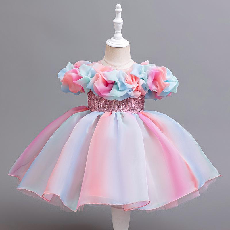 ドレス 女の子 子供 ワンピース プリンセス フォーマル レインボー キャンディ チュール チュチュ リボン 切り替え フリル パステル コットン 裏地 発表会 結婚式 パーティー かわいい オールシーズン 半袖 お出かけ