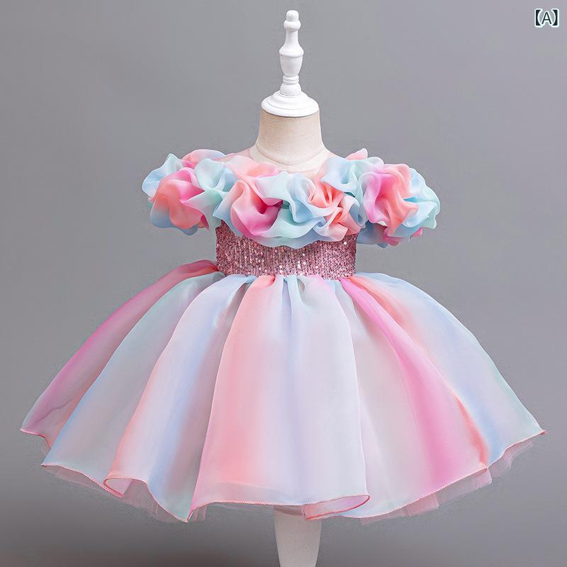 ドレス 女の子 子供 ワンピース プリンセス フォーマル レインボー キャンディ チュール チュチュ リボン 切り替え フリル パステル コットン 裏地 発表会 結婚式 パーティー かわいい オールシーズン 半袖 お出かけ 2