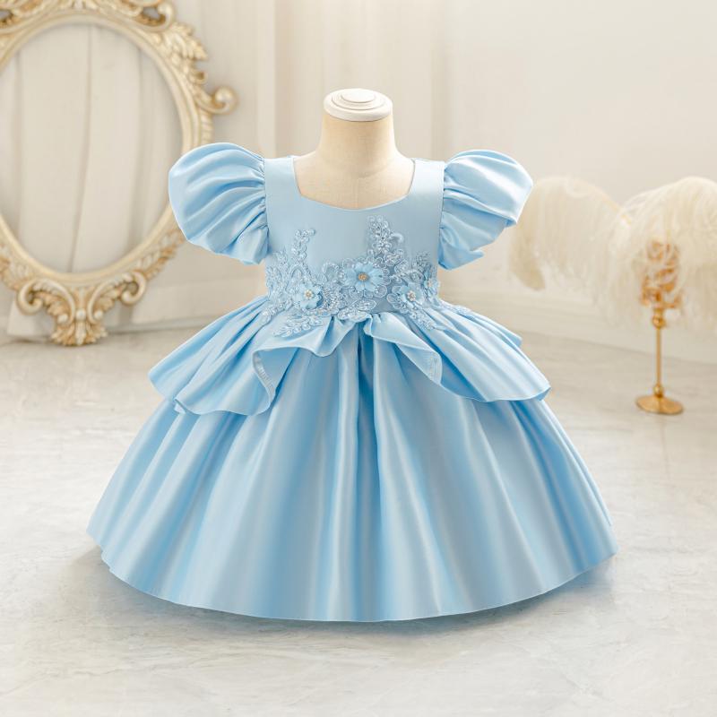 ワンピース 女の子 子供 キッズ ドレス 礼服 フォーマル ピアノ 発表会 結婚式 パフスリーブ アップリケ 高級感 プリンセス チュール メッシュ サテン ポリエステル 綿 リボン かわいい 上品 華やか 欧米風 オールシーズン 70cm 80cm 90cm