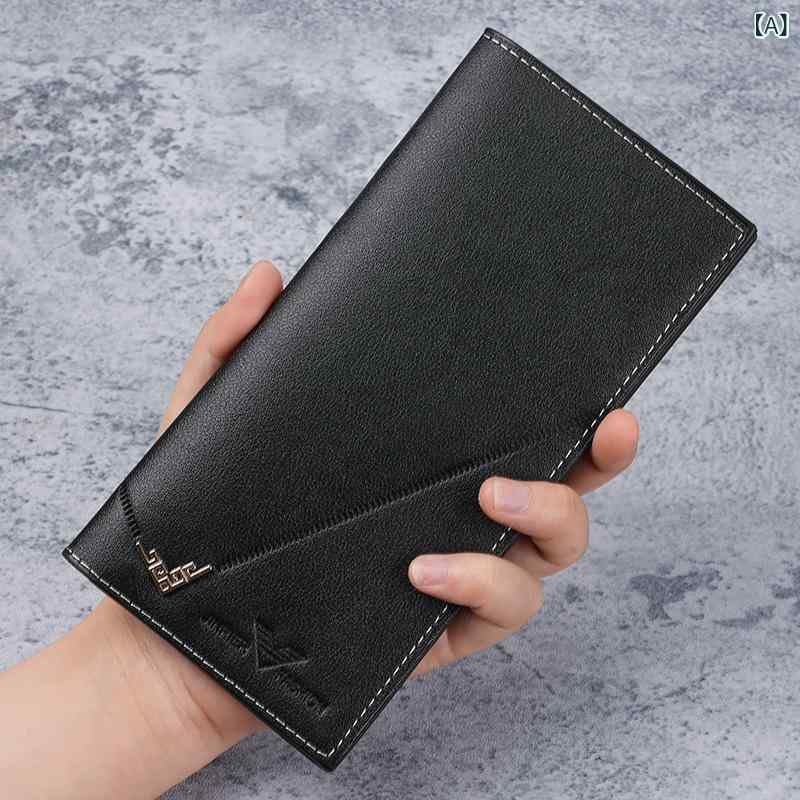財布 メンズ 男性用 札入れ 二つ折り 薄型 大容量 カード収納 ロングウォレット PU 合成革 ビジネス 通勤 普段使い シンプル 無地 ステッチ 切り替え 軽量 耐摩耗 縦型 スリム 高級感 ブラック コーヒー ブラウン 春夏 2