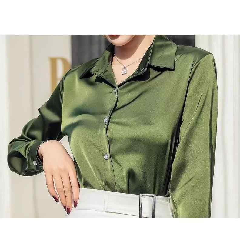 シャツ レディース ブラウス トップス 秋冬 サテン シフォン 再生繊維 襟 長袖 前開き ボタン 切り替え 通勤 オフィス ビジネス 上品 高級感 きれいめ フェミニン カーキ 無地 40代 おしゃれ かわいい 体型カバー 事務服
