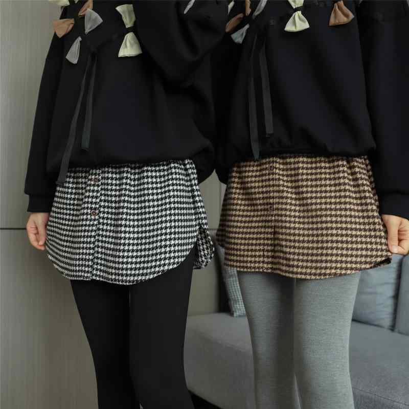 付け裾 レディース 秋冬 厚手 チェック コーヒー Aライン レイヤード 重ね着 インナー トップス 体型カバー お尻隠し ウエストゴム 通勤 普段使い カジュアル アセテート繊維 暖かい おしゃれ かわいい 膝丈 スウェット