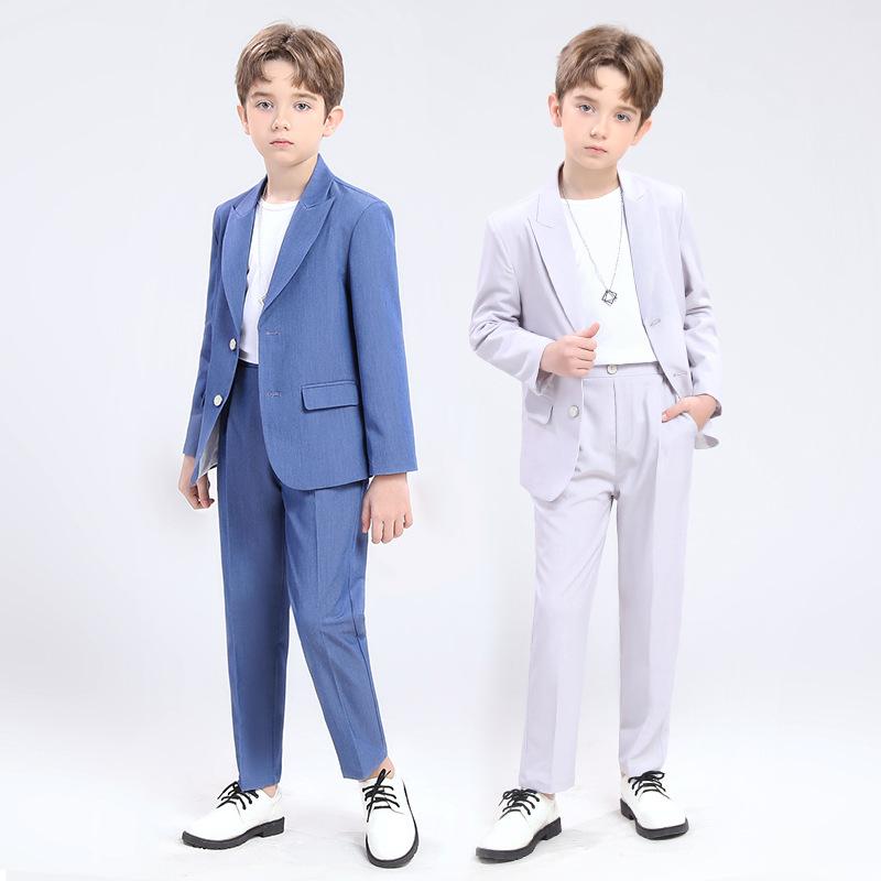 乐天商城 - セットアップ 男の子 子供 キッズ スーツ 礼服 フォーマル 上下セット ジャケット 長ズボン 紳士風 カジュアル 結婚式 発表会 演奏会 春夏 快適 無地 グレー ブルー 柔らかい 高級感 ポリエステル ボタン シンプル こども用 ジュニア