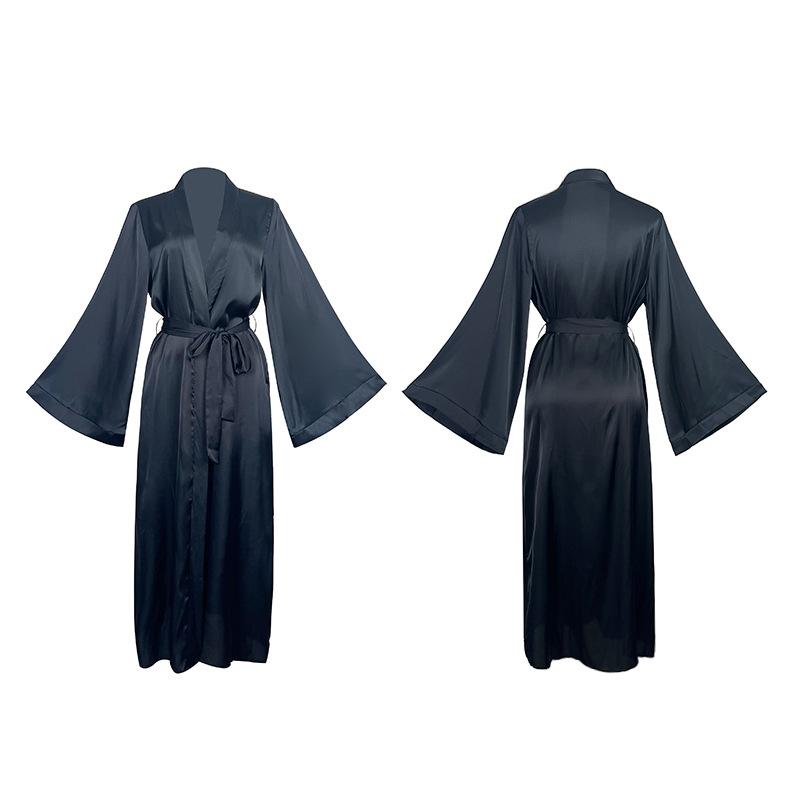 Nightgowns - バスローブ レディース ナイトガウン ルームウェア サテン ロング丈 長袖 Vネック リボンベルト 部屋着 セクシー 高級感 接触冷感 通気性 春夏 ホワイト ブラック ボルドー 欧米風 無地 光沢 柔らかい お風呂上がり