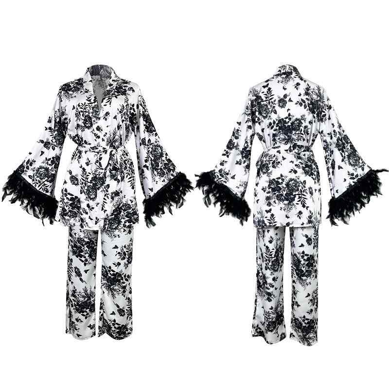 パジャマ レディース ルームウェア 部屋着 寝巻き 上下セット 女性用 水墨 インクプリント 花柄 フェザー サテン調 風 セクシー 前開き 長袖 ロングパンツ 春夏 襟 快適 通気性 薄手 高級感 ホテル 旅行
