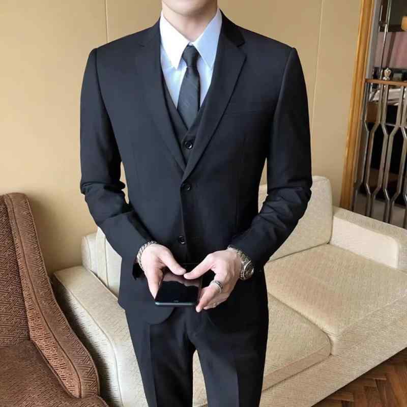 スーツ メンズ 男性用 セットアップ テーラードジャケット スラックス パンツ スリム 細身 タイト ビジネス 結婚式 冠婚葬祭 ボタン 紳士 礼服 オールシーズン 無地 ブラック 黒 高級感 韓国スタイル